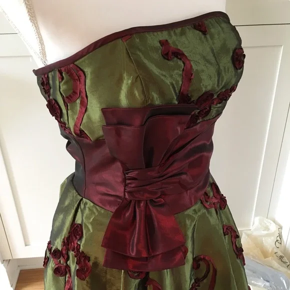 Vintage Jessica McClintock Strapless Olive & Burgundy Party Dress, size 2 - Picture 7 of 13